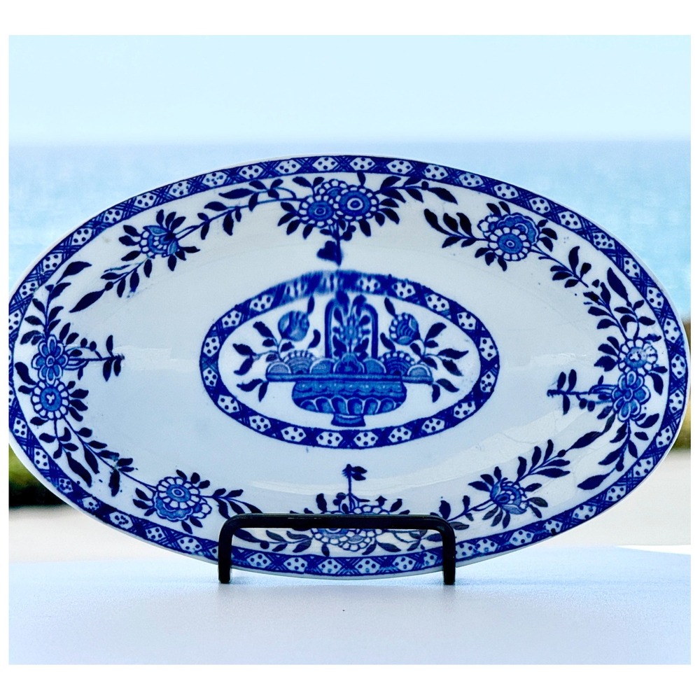 Delph James M Shaw & Co Oval Dish Blue White Floral Transferware England Antique
